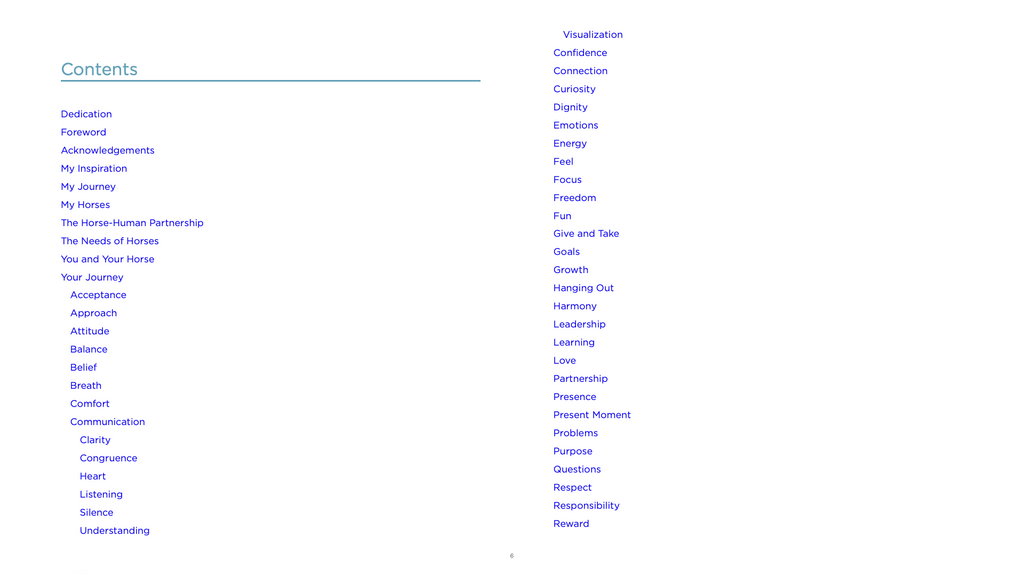 Table of contents with a white background and blue text