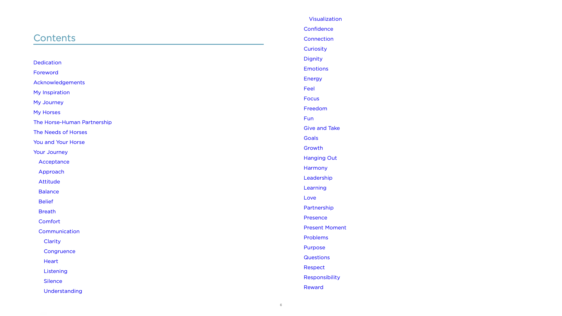 Table of contents with a white background and blue text
