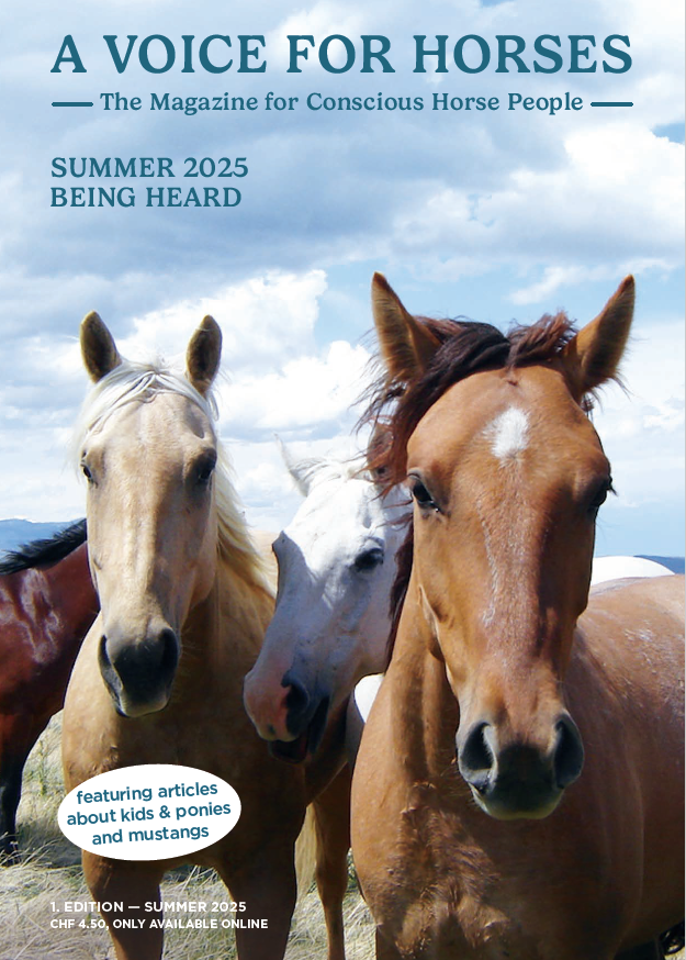 Magazine cover featuring three horses with a blue sky background, titled 'A Voice for Horses'.