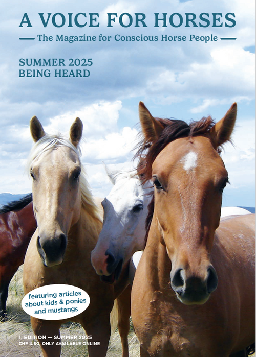 Magazine cover featuring three horses with a blue sky background, titled 'A Voice for Horses'.