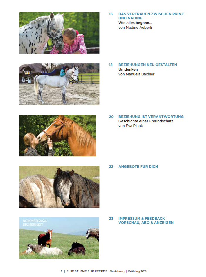 Inhaltsverzeichnis vom Magazin, Pferdefotos und Beitragstitel