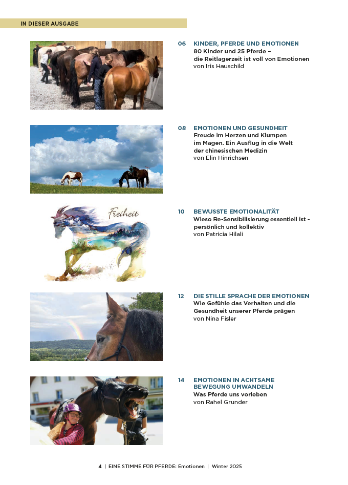 Page from a magazine or book with images of horses and text in German about emotions and horses.