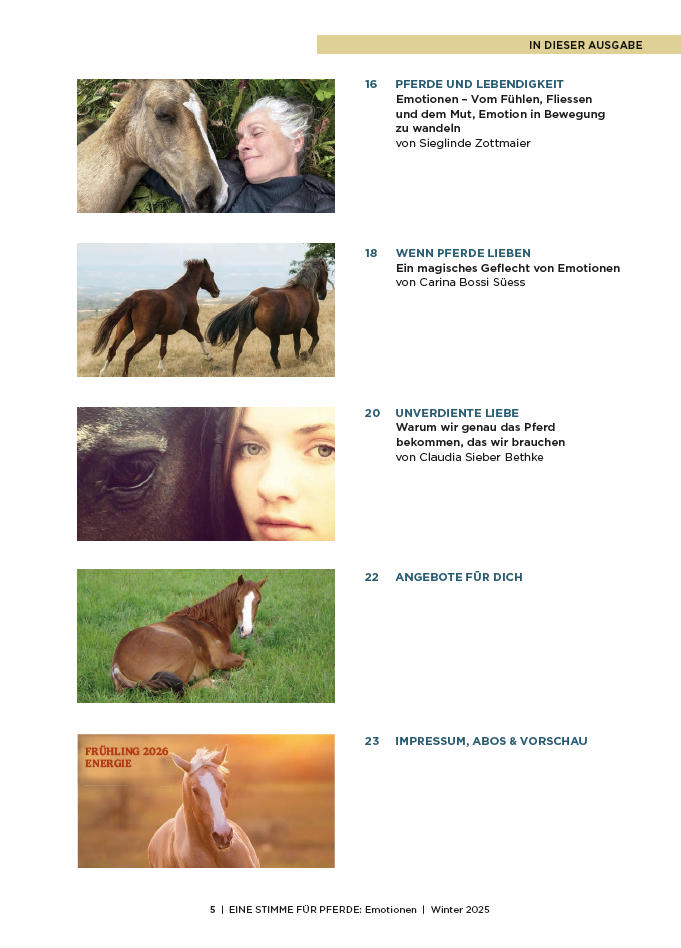 Pages from a magazine or book featuring images of horses and people, with text in German.