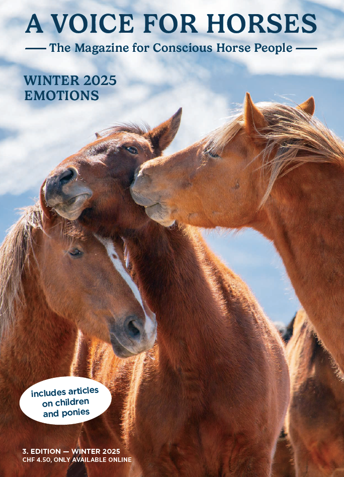 Magazine cover titled 'A Voice for Horses' featuring two horses with a mountainous background.