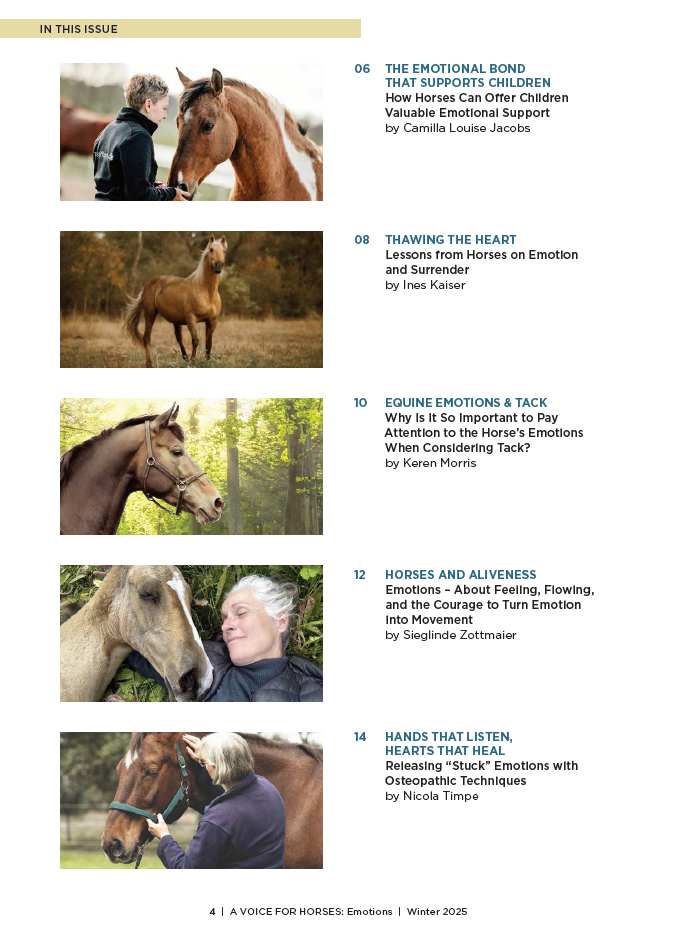 Magazine page with articles about horses and their impact on children and humans, featuring images of people and horses.