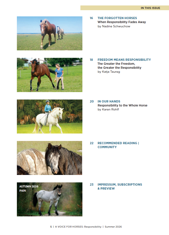 table of contents with horse-related articles and images on a white background