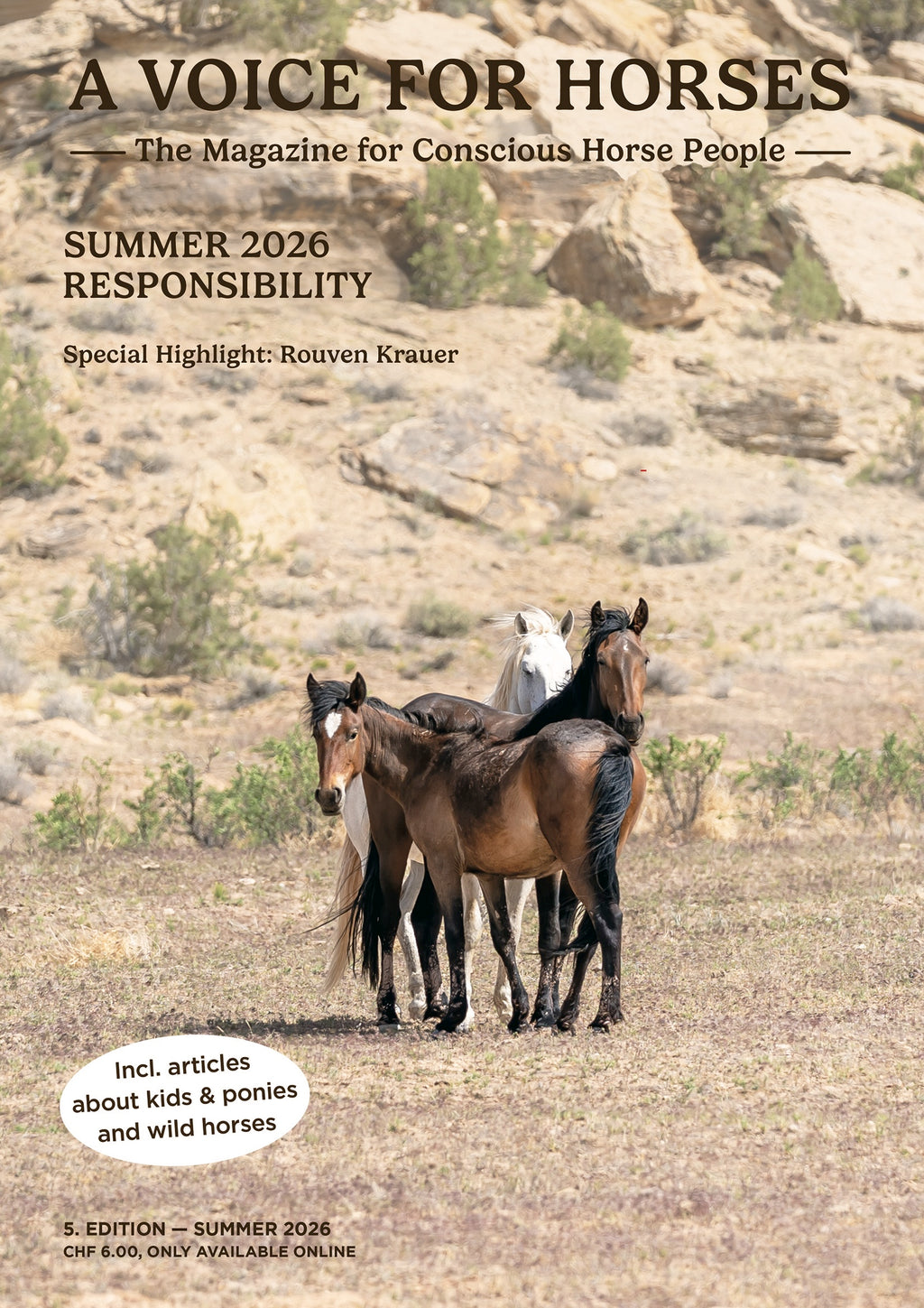 Magazine cover featuring a horse family in a desert landscape with text about 'A Voice for Horses' magazine.