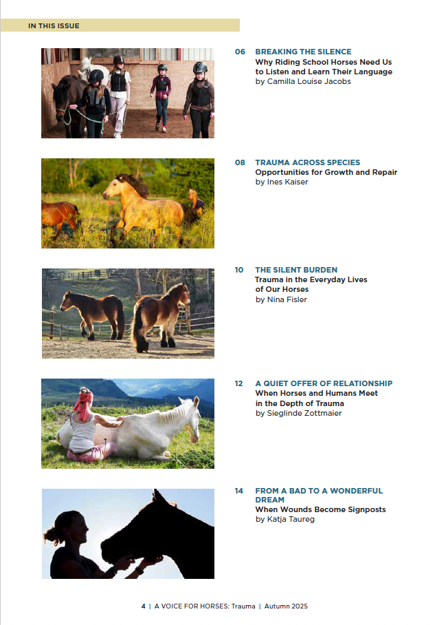 Magazine table of contents with horse-related articles and images on a white background